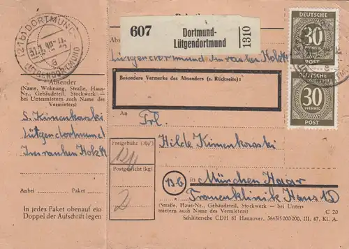 Paketkarte 1948: Dortmund-Lütgendortmund nach München, mit Notpaketkarte