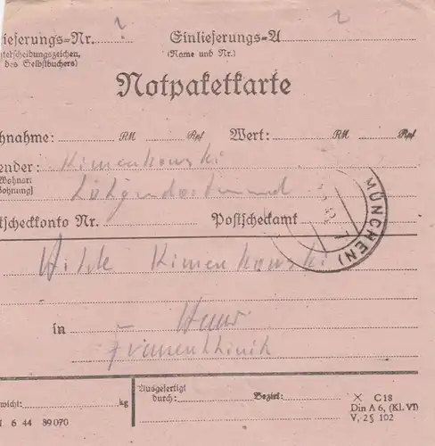 Paketkarte 1948: Dortmund-Lütgendortmund nach München, mit Notpaketkarte