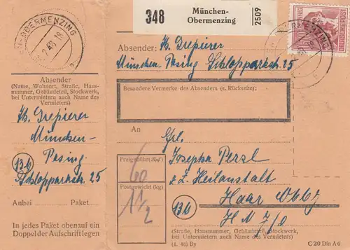 Paketkarte 1948: Obermenzing nach Haar, mit Doppel-Notpaketkarte