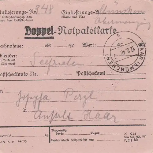 Carte de paquet 1948: overmenzing par cheveux, avec carte de package double