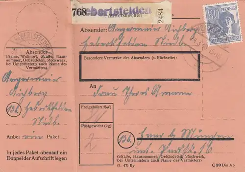 Carte de paquet 1948: Herbertsfelden par cheveux, avec carte de colis d'urgence