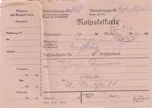 Paketkarte 1948: Herbertsfelden nach Haar, mit Notpaketkarte