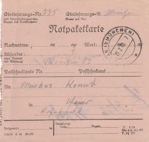 Carte de colis 1948: Munich après Haar, Auto-bookeur, avec carte de paquet d'urgence
