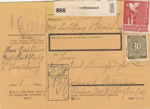 Carte de paquet 1948: Großköllnbach après Haar, avec carte de colis d'urgence