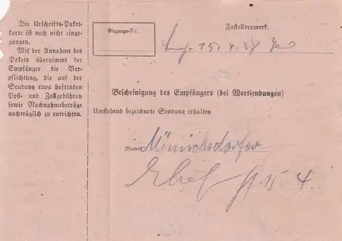 Carte de paquet 1948: Großköllnbach après Haar, avec carte de colis d'urgence