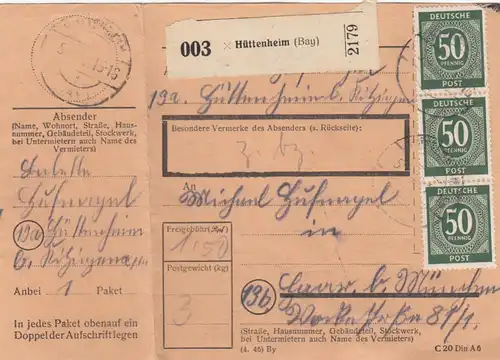 Carte de colis 1948: Hüttenheim à Haar, avec carte de paquet d'urgence