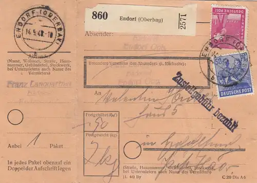 Carte de paquet 1948: Endorf vers Eglfing, avec carte de colis d'urgence