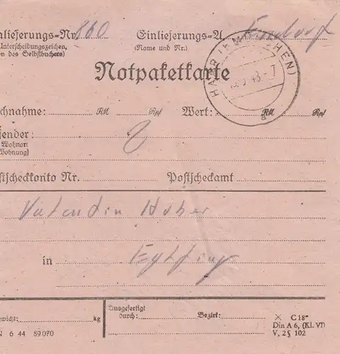 Paketkarte 1948: Endorf nach Eglfing, mit Notpaketkarte
