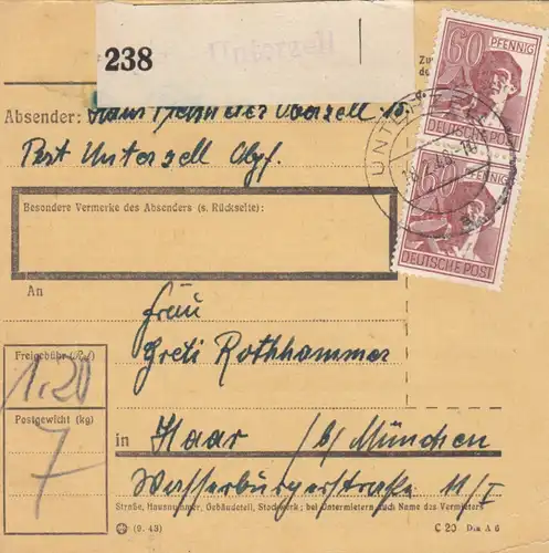 Paketkarte 1948: Unterzell nach Haar bei München