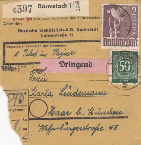 Paketkarte 1948: Darmstadt nach Haar, Dringend, Selbstbucher