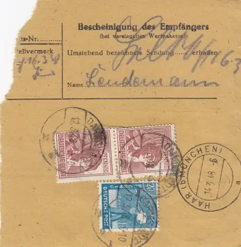 Carte de paquet 1948: Darmstadt par Haar, Urgent, Auto-bookeur