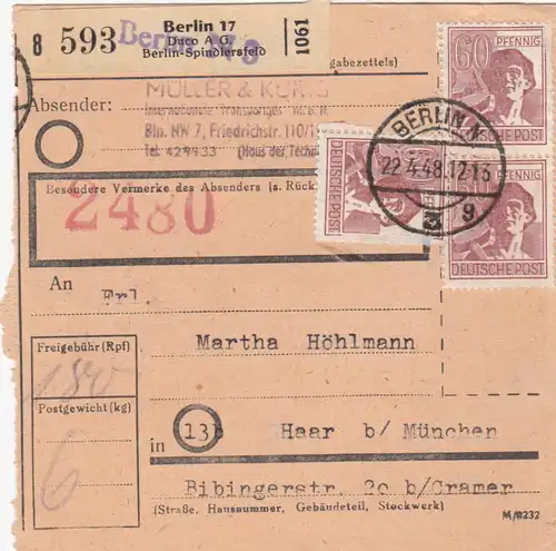 Paketkarte 1948: Berlin Spindlersfeld n. Haar, Selbstbucher, Vermerk 2480