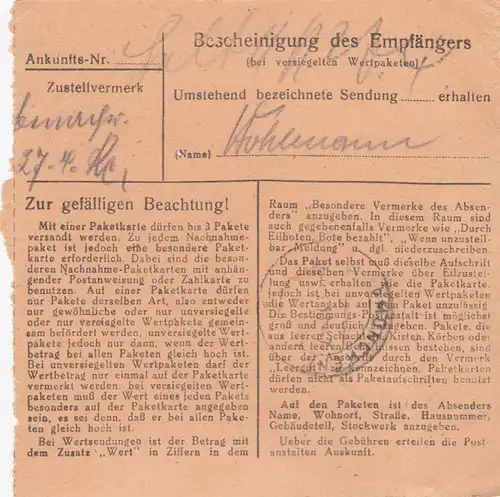 Carte de paquet 1948: Berlin Spindlersfeld n. Haar, Auto-booker, note 2480