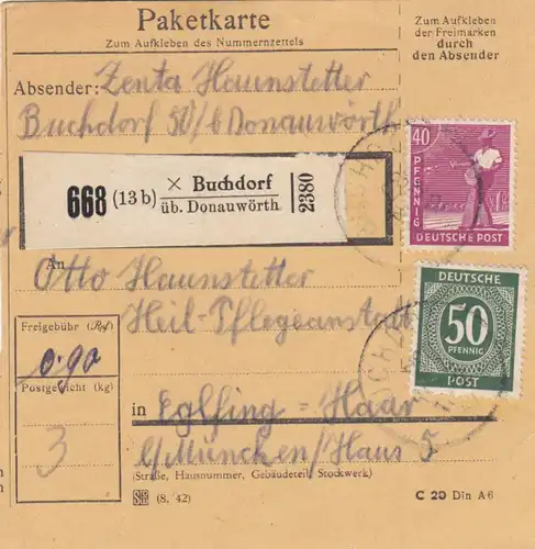Paketkarte 1947: Buchdorf über Donauwörth nach Eglfing, Heilanstalt