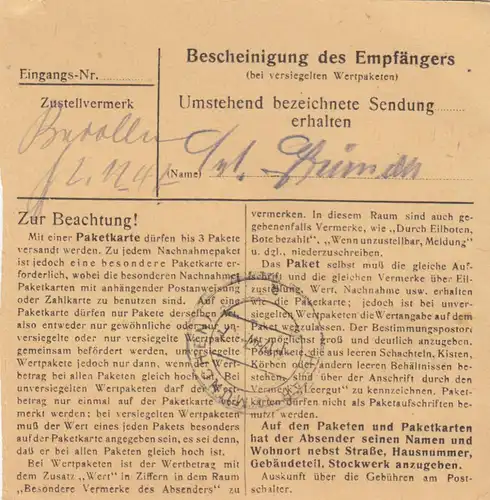 Paketkarte 1947: Buchdorf über Donauwörth nach Eglfing, Heilanstalt