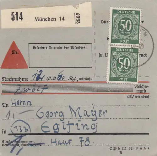 Carte de paquet 1948: Munich après Eglfing, Acceptation, Formulaire spécial