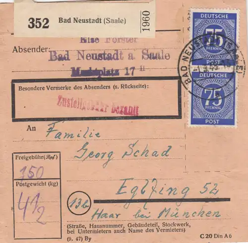 Paketkarte 1948: Bad Neustadt Saale nach Eglfing