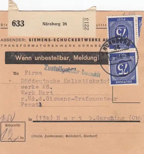 Carte de paquet 1948: Nuremberg vers Hart b. Garching, Auto-booker