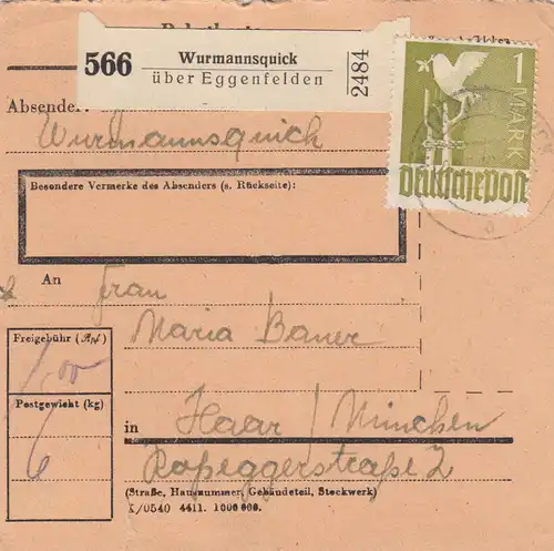 Carte de paquet 1948: Wurmannsquick après Haar bei Munich