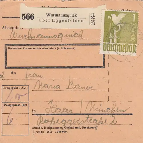 Paketkarte 1948: Wurmannsquick nach Haar bei München