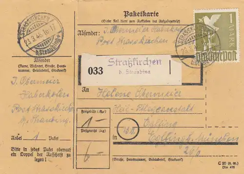 Carte de paquet 1948: Haberkofen Strasskirchen vers Eglfing