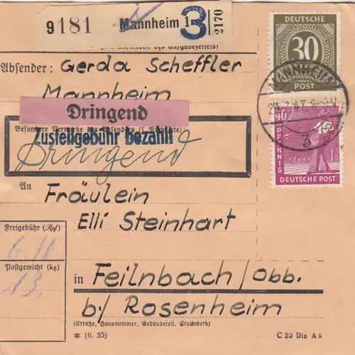Carte de paquet 1947: Mannheim vers Feilnbach, Urgent
