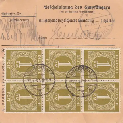 Paketkarte 1947: Mannheim nach Feilnbach, Dringend