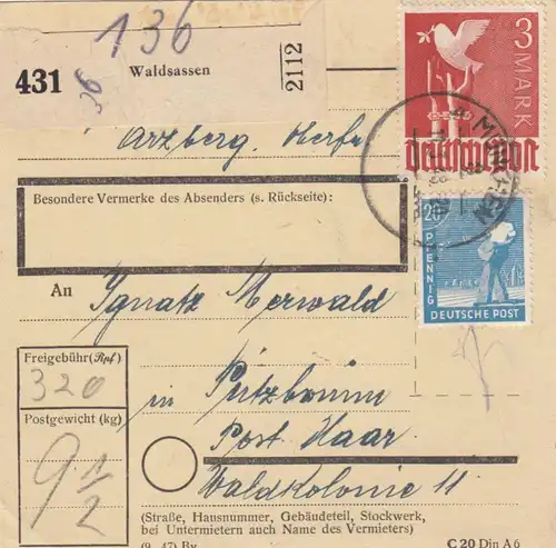 Paketkarte 1948: Waldsassen nach Putzbrunn Post Haar