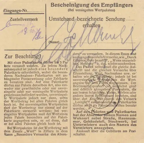 Paketkarte 1948: Waldsassen nach Putzbrunn Post Haar