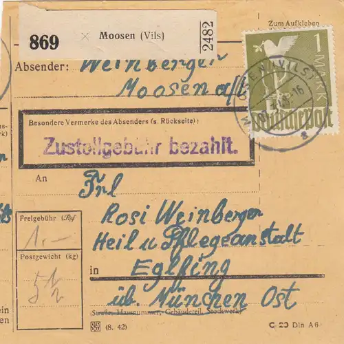 Carte de paquet 1948: Moosen Vils d'après Eglfing, asile