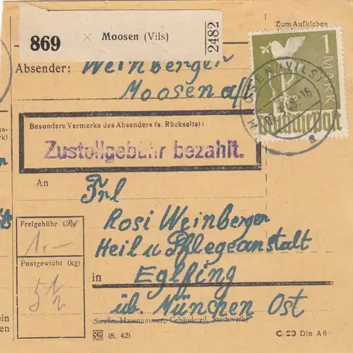 Paketkarte 1948: Moosen Vils nach Eglfing, Heilanstalt