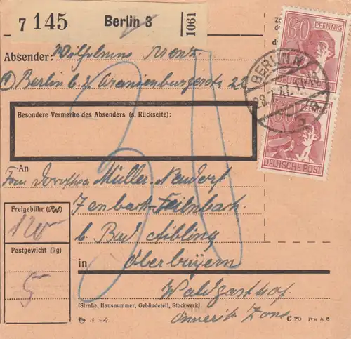 Paketkarte 1947: Berlin 3 nach Bad Aibling, Nachgebühr, Waldgasthof