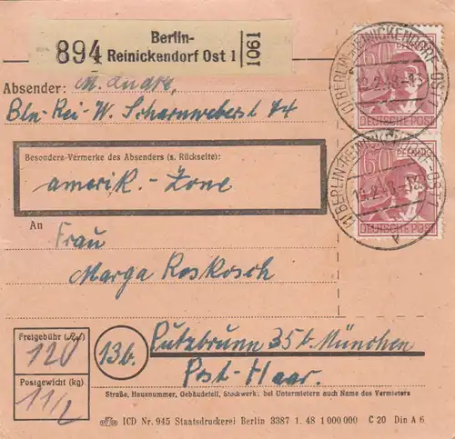 Carte de paquet 1948: Berlin-Reinickendorf vers Putzbrunn, amerik. Zone