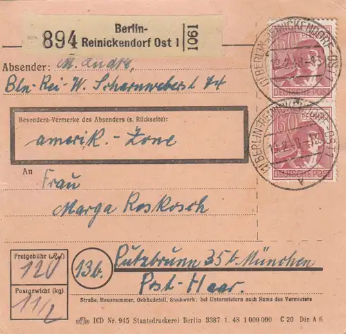 Paketkarte 1948: Berlin-Reinickendorf nach Putzbrunn, amerik. Zone