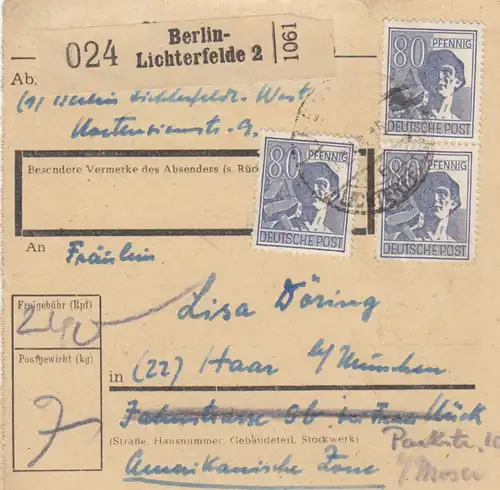 Carte de paquet 1948: Berlin-Lichterfelde après Haar bei Munich
