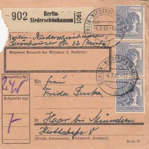 Carte de paquet 1948: Berlin-Niederschönhausen a Haar