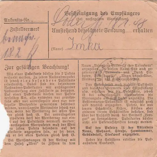 Carte de paquet 1948: Berlin-Niederschönhausen a Haar