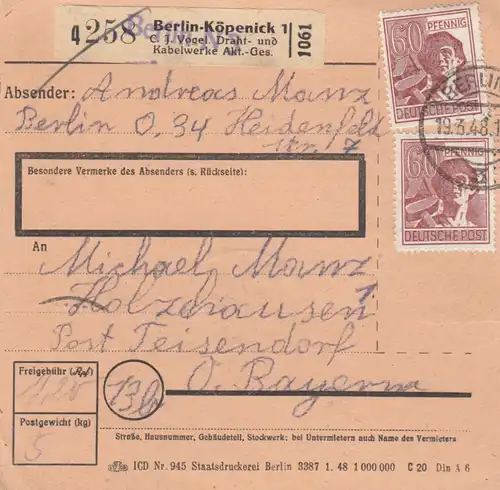 Carte de paquet 1948: Berlin-Köpenick vers Holzhausen Teisendorf, Auto-booker