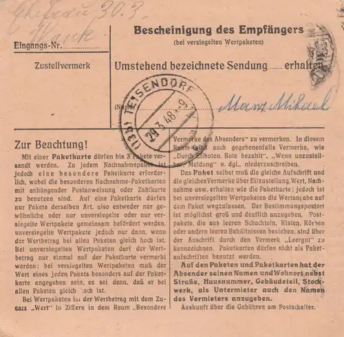 Paketkarte 1948: Berlin-Köpenick nach Holzhausen Teisendorf, Selbstbucher