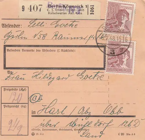 Carte de paquet 1948: Berlin-Köpenick vers Hart a.d. Alz, Auto-booker