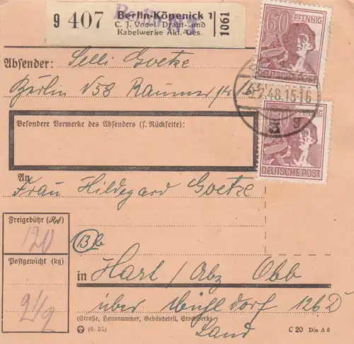 Paketkarte 1948: Berlin-Köpenick nach Hart a.d. Alz, Selbstbucher