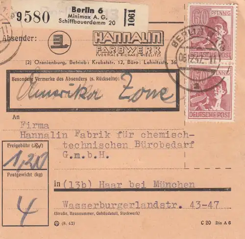 Paketkarte 1947: Berlin nach Haar, Selbstbucher, amerki. Zone