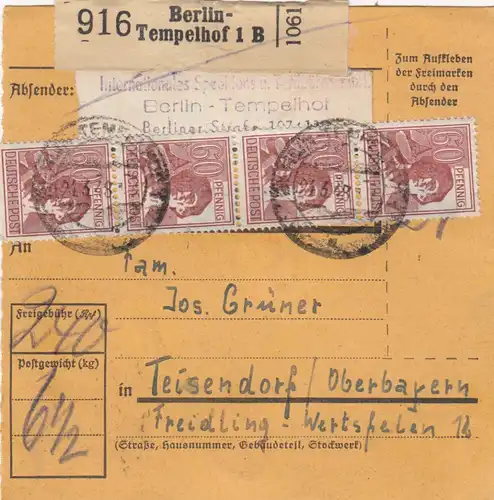 Carte de paquet 1947: Berlin-Tempelhof vers Teisendorf, Freidling