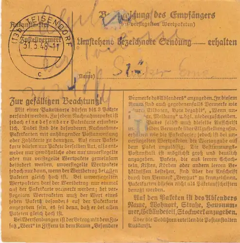 Carte de paquet 1947: Berlin-Tempelhof vers Teisendorf, Freidling