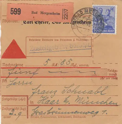 Carte de paquet 1948: Bad Mergentheim après les cheveux, auto-réservation, remboursement