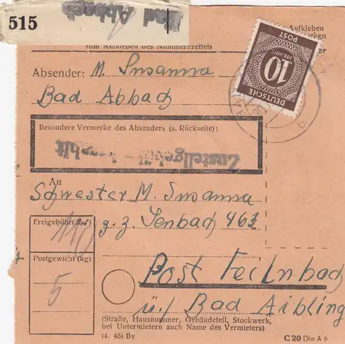 Paketkarte 1947: Bad Abbach nach Post Feilnbach über Bad Aibling