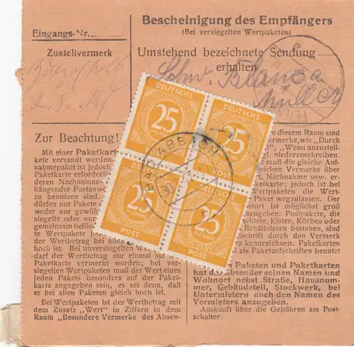 Paketkarte 1947: Bad Abbach nach Post Feilnbach über Bad Aibling