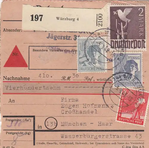 Paketkarte 1948: Würzburg 4 nach Haar, Großhandel, Nachnahme
