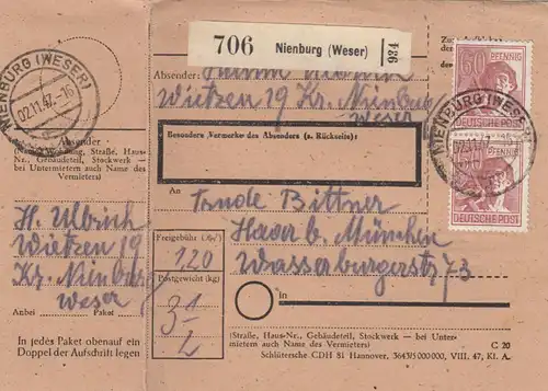 Carte de paquet 1947: Wieten Weser après cheveux, avec carte de package double