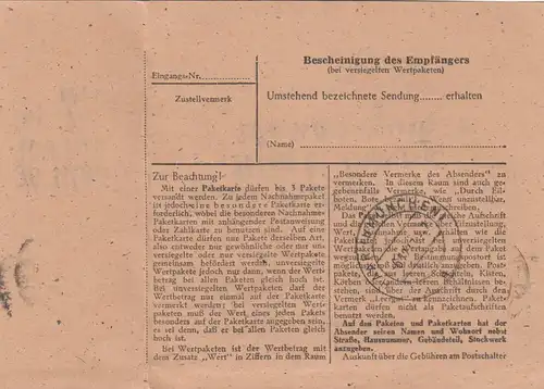 Paketkarte 1947: Wietzen Weser nach Haar, mit Doppel-Notpaketkarte